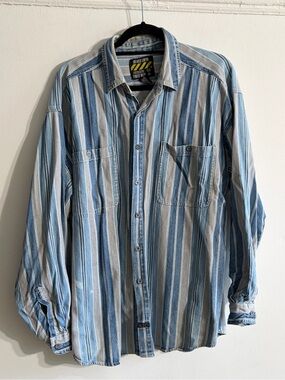 Men's Blue & Grey Striped Button-Down Shirt - Casual Work Shirt